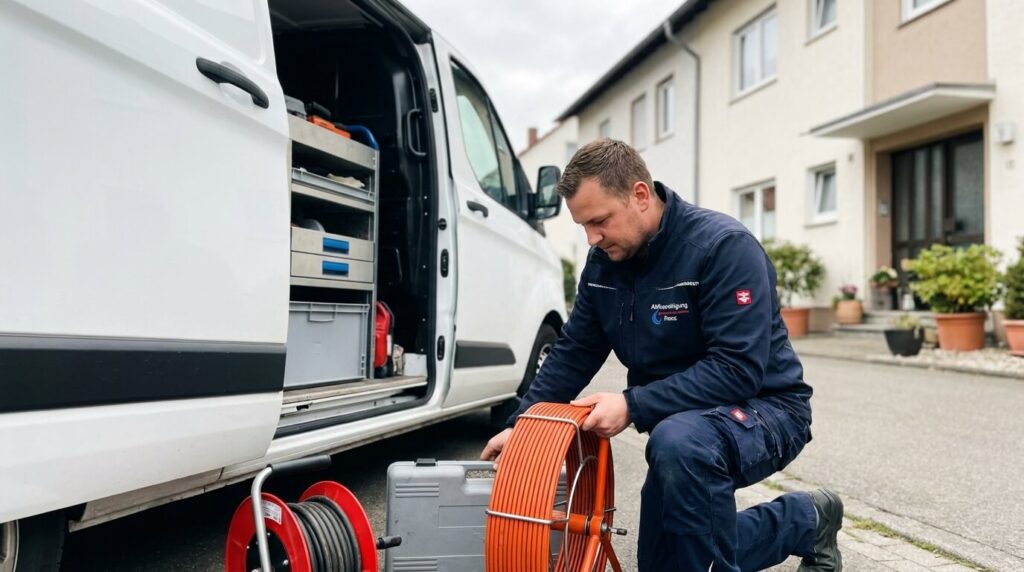 Techniker von Abflussreinigung Franz bereitet eine Rohrreinigung am Servicefahrzeug vor