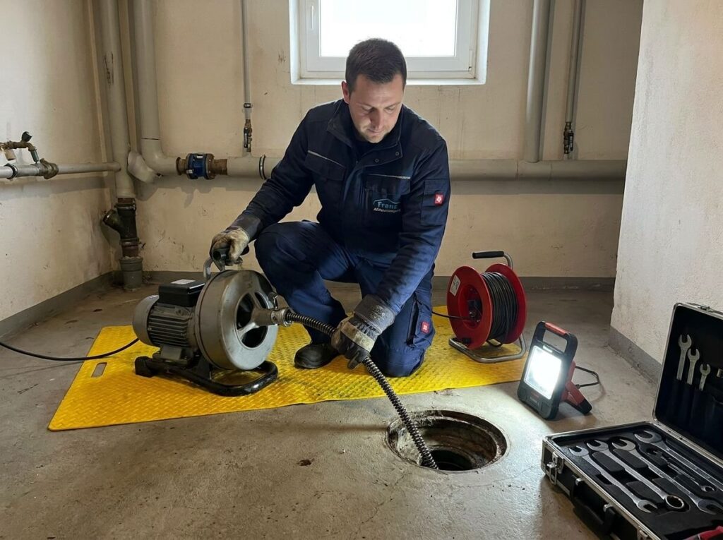 Rohrreiniger von Abflussreinigung Franz arbeitet mit einer Reinigungsmaschine am Bodenablauf